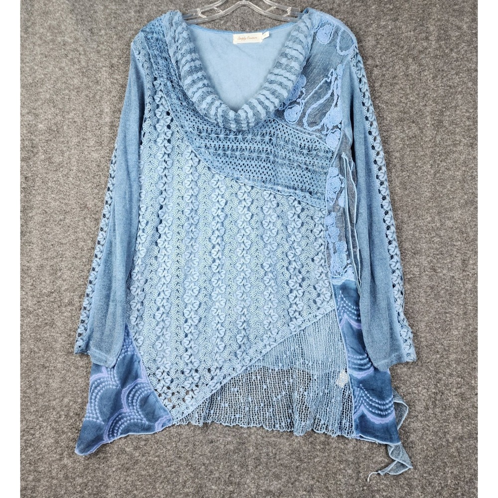 Simply Couture Tunic Top Women 2XL Blue Crochet Mixed Media Cowl Neck Boho